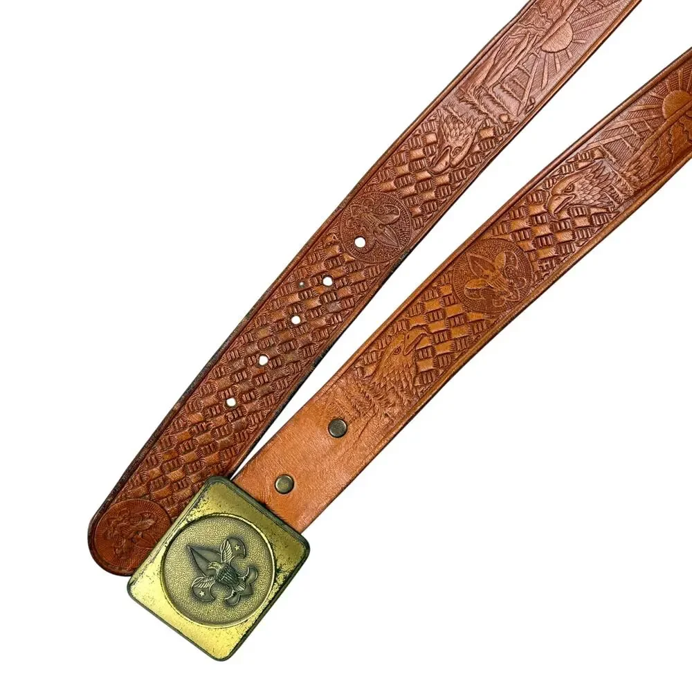 Vintage Boy Scouts Fleur-de-Lis Belt Embossed Leather Brass Buckle Men’s 34